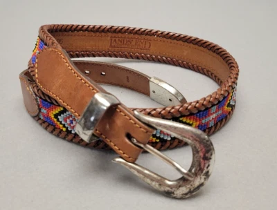 Vtg Land's End Women's Aztec Beaded Brown Leather Belt Brass Buckle - Size 26 - Image 1 of 4