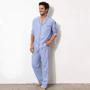 Herren Pyjama Set Piu blau gestreift mit marineblauen Paspeln Größe M UVP 112£ - Bild 1 von 5