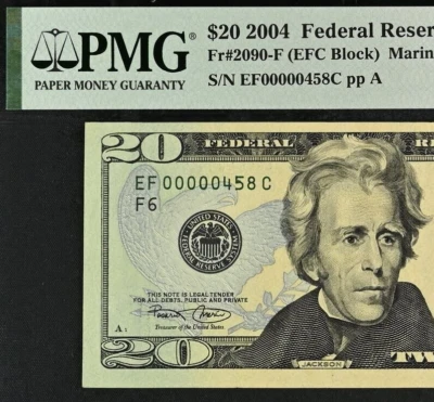 2004 $20 Federal Reserve Note PMG 35EPQ wanted three digit low serial number 458 - Image 1 of 3