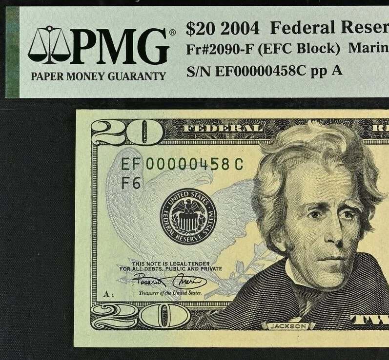 2004 $20 Federal Reserve Note PMG 35EPQ wanted three digit low serial number 458 - Image 1 of 3