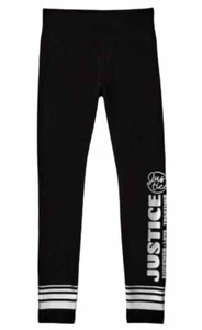 Justice Girls Leggings Black 10 Full Length Cotton Silver Logo Ankle Stripes - Picture 1 of 10