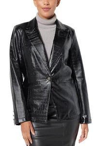 Dennis Basso Textured Faux Leather Blazer Black Size Regular 14 A523232 - Picture 1 of 2