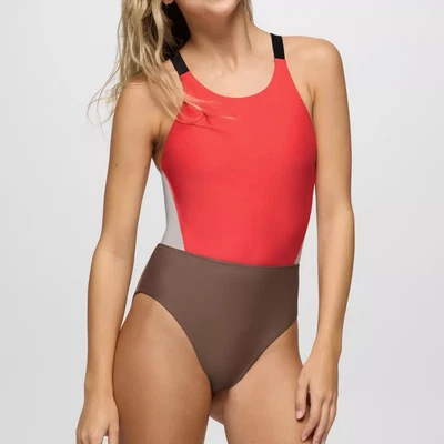 Prana Baja Bound Cutout One Piece Swimsuit Womens L Rose Fire Colorblock Cheeky - Image 1 of 4