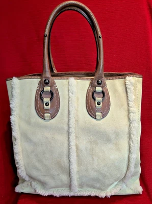 Vtg Banana Republic Chatham Suede Shearling Trim Leather Tote Handbag - Image 1 of 4