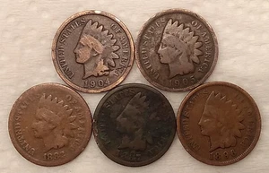 5 DIFFERENT Indian Head Cent Penny Lot Coins - #20 - Three (3) From The 1800s - Picture 1 of 4