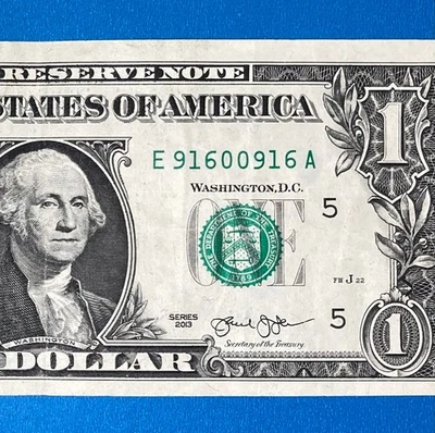 E 91600916 A $1 One Dollar Bill Fancy Serial Number (916) - Image 1 of 3