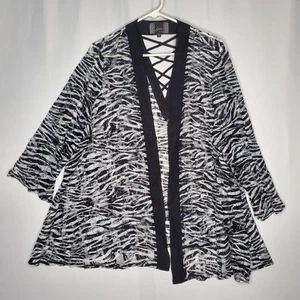 Slinky Brand Sheer Zebra Cardigan Womens 3X Black White Open Mesh 3/4 Caged Back - Picture 1 of 10