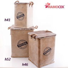 POUF PUFF Contenitore Bidone Seduta Sgabello METALLO Beige legno VINTAGE Shabby