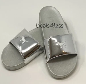 Victoria’s Secret PINK Slides Silver Metallic SINGLE STRAP Large Dog Logo NEW - Picture 1 of 4