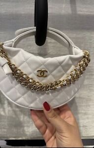 New 24S Chanel White Caviar Mini Hobo Pouch Bag Double Gold Chain SLG Handbag