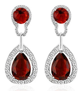 Ruby Burgundy Red Earrings Stud Style Silver Tone with Zircon Stones Luxury - Picture 1 of 8