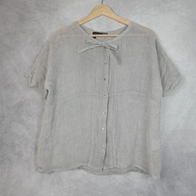 Camisa Eileen Fisher Mujer Pequeña Gris Lino Botón Frontal Corbata Cuello Transparente Cuadrada Foto 1 de 4