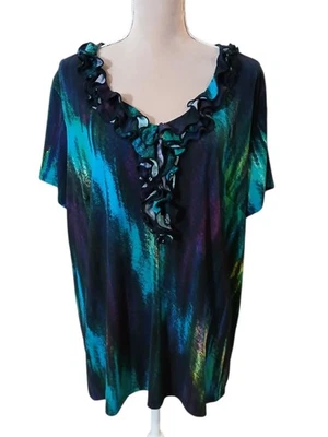 Blusa abstracta acuarela artística con volantes elásticos más Cato para mujer 22w 24w audaz Foto 1 de 4