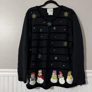 Vintage The Quacker Factory Full Zip Beaded Embroidered Snowman Sweater Size L - Picture 1 of 8