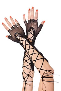 sexy MUSIC LEGS long LACE UP lacing ELBOW length FISHNET fingerless GLOVES punk - Picture 1 of 5