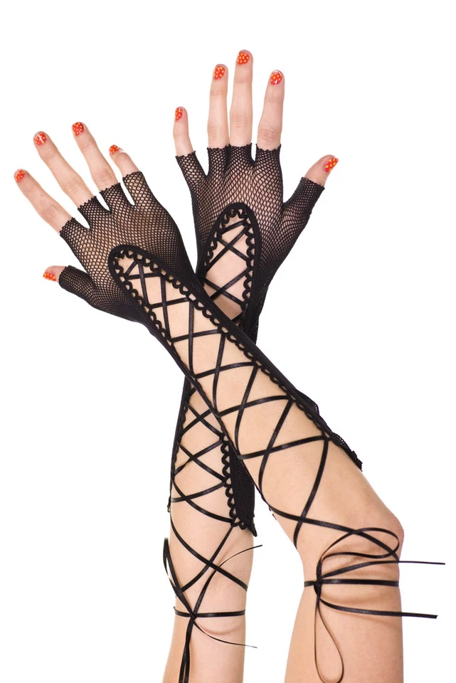 sexy MUSIC LEGS long LACE UP lacing ELBOW length FISHNET fingerless GLOVES punk - Image 1 of 1