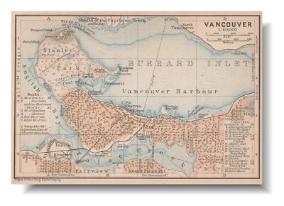 VANCOUVER  1907 Original  Map   Antique detailed map CANADA - Image 1 of 4