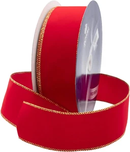 Wired Traditional Red Velvet Christmas Ribbon Waterproof with Gold Edge 2 1/2" ( - Picture 1 of 7