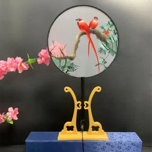 Chinese Double Sided Embroidered Yellow Mountain Scenery Round Wooden Hand Fan - Picture 1 of 1