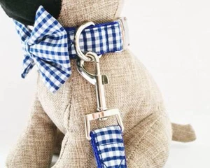 Blue gingham/check dog collar, lead/leash, bow tie/dickie bow set - Picture 1 of 5