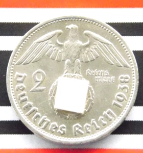 GERMAN 2 REICHSMARK 1938 B SWASTIKA Hindenburg Silver Coin 3rd Reich WW2 Mark BU - Picture 1 of 6