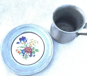 A3- Small Pewter Mug & Saucer with Porcelain Center - Picture 1 of 7