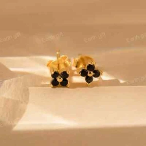 Delicate Tiny Black Flower 14K Gold Plated 925 Silver Claw Post Stud Earrings - Picture 1 of 5