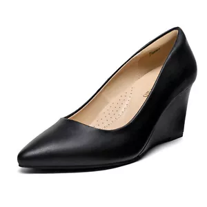 Women Wedge Heel Pump Shoes Pointed Toe Slip On Office Work Dress Pumps - Picture 1 of 41