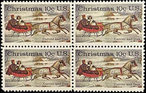 10c US POSTAGE STAMP, THE ROAD-WINTER BY CURRIER AND IVES, 1974 BLOCK OF 4 - Picture 1 of 2