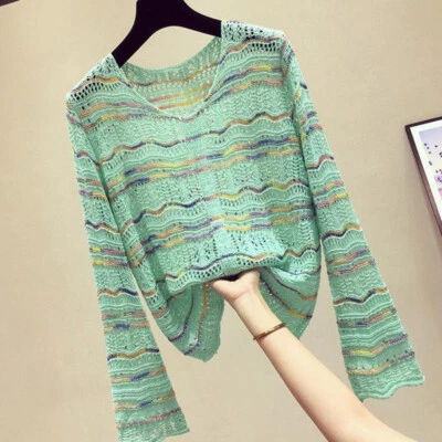 Donna Ragazza Maglia Camicie Top Pizzo Traforato Stripped Trasparente Maglieria - Immagine 1 di 4