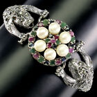 Heated Round Ruby 3mm Emerald Pearl Gemstone 925 Sterling Silver Tiger Bracelet