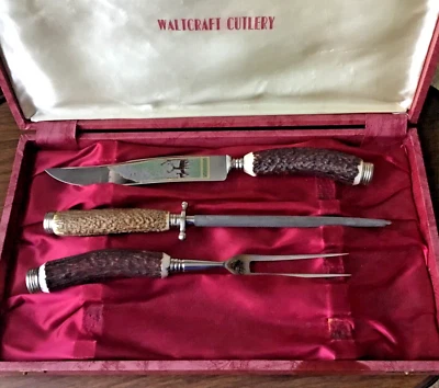 Juego de talla de cuchillos con cuerno de ciervo Waltcraft Solingen Alemania de colección 3 piezas en caja Foto 1 de 4