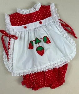 Vintage Baby Girl Pinafore Apron Dress w/ Bloomers Cottage Core Strawberry 3-6 m - Picture 1 of 9