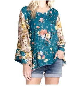 Johnny Was Womens Top Size M Green Floral Hippie Boho Flowy Kimono Sleeves Tunic - Picture 1 of 17