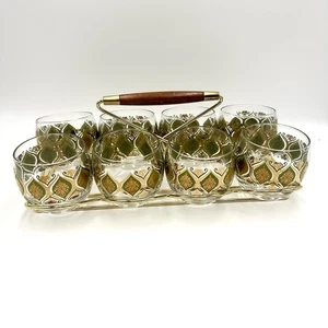 Vtg Irene Pasinski Green Gold Roly Poly Glasses w Caddy Gold Filigree Set 8 - Picture 1 of 13