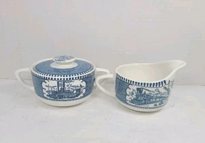Currier und Ives blau bedeckt Zuckerdose und Milchkännchen Set - Top Zustand - Bild 1 von 6