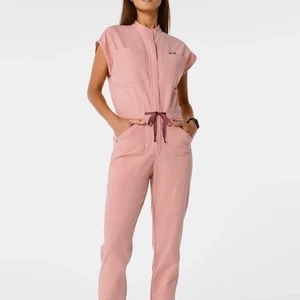 NWOT FIGS L Large New Rafaela Womens Cargo Scrub Jumpsuit Wide Leg Pink Sand - Picture 1 of 6