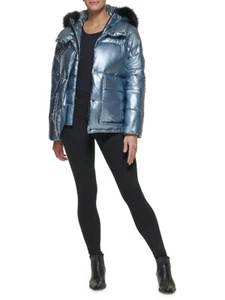 NEW DKNY Unique Finish Faux Fur Trim Water Resistant Puffer Jacket Size L - Picture 1 of 8