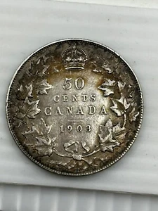 1903 H Canadá Cincuenta y 50 centavos moneda, Rey Eduardo VII 0,925 Plata Semillave - Imagen 1 de 2
