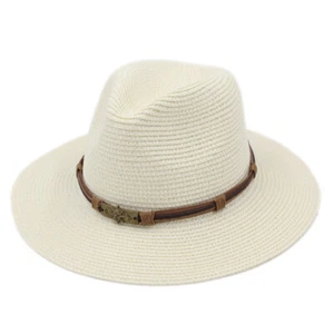 Women's Wide Brim Panama Hat Fedora Cap Summer Beach Sun Hats Brown Band Outdoor - Picture 1 of 23