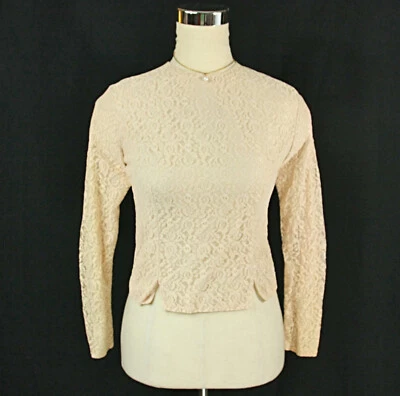 Vintage Beige Fancy Lace Back Button Long Sleeve Blouse Top MCM Sm XS 1950s - Image 1 of 4