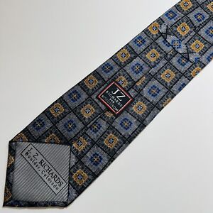 JZ RICHARDS Black&Gray Silk Tie w Blue&Gold Design 60x3.75”