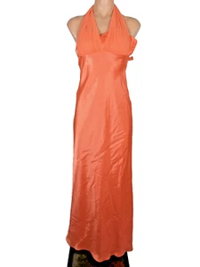 VTG 90s y2k CACHE Sexy Coral Orange Halter Train Ruffle Satin Gown Dress USA 4 - Picture 1 of 6