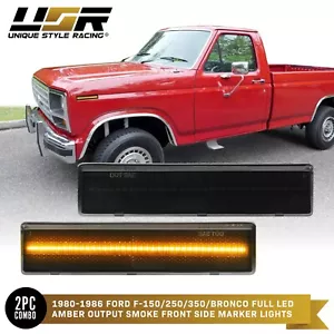 Smoke Front Side Marker Light w/ Amber LED Set L+R For 80-86 Ford F150 & Bronco - Picture 1 of 12