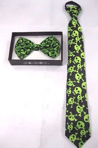 KIDS TEENS BLACK&GREEN SKULLS&CROSSBONES ADJUSTABLE BOW TIE+PRE-TIED NECKTIE-NEW - Picture 1 of 1
