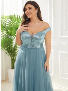 Women's Plus Size Shiny Sequin Bodice Off the Shoulder Maxi Tulle Evening Dress - Picture 1 of 39