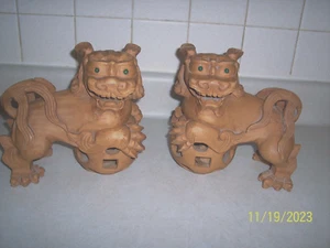 Pair Old Chinese Carved Wooden Fu Dogs Puzzle ball Foo Guardian Lions - Picture 1 of 9
