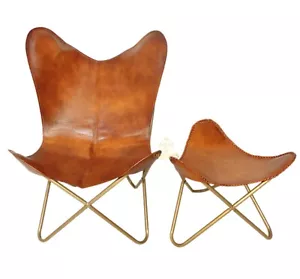 Hecho a Mano Buffalo Cuero Mariposa Salón Adorno Silla Y Otomano Combo Plegable - Imagen 1 de 9