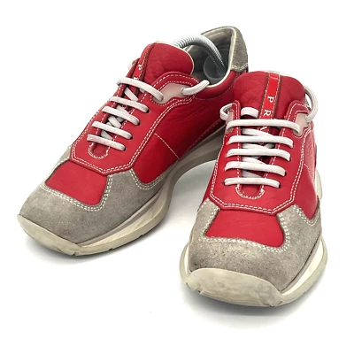 Prada Sneakers Women Size 5 Red Grey Tennis Gym Walk Casual Shoes Leather Suede - Image 1 of 4