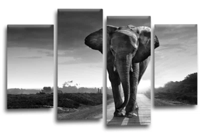 Large Elephant Wall Art Print Black Grey Sunset Framed Canvas Split Picture - Image 1 of 4